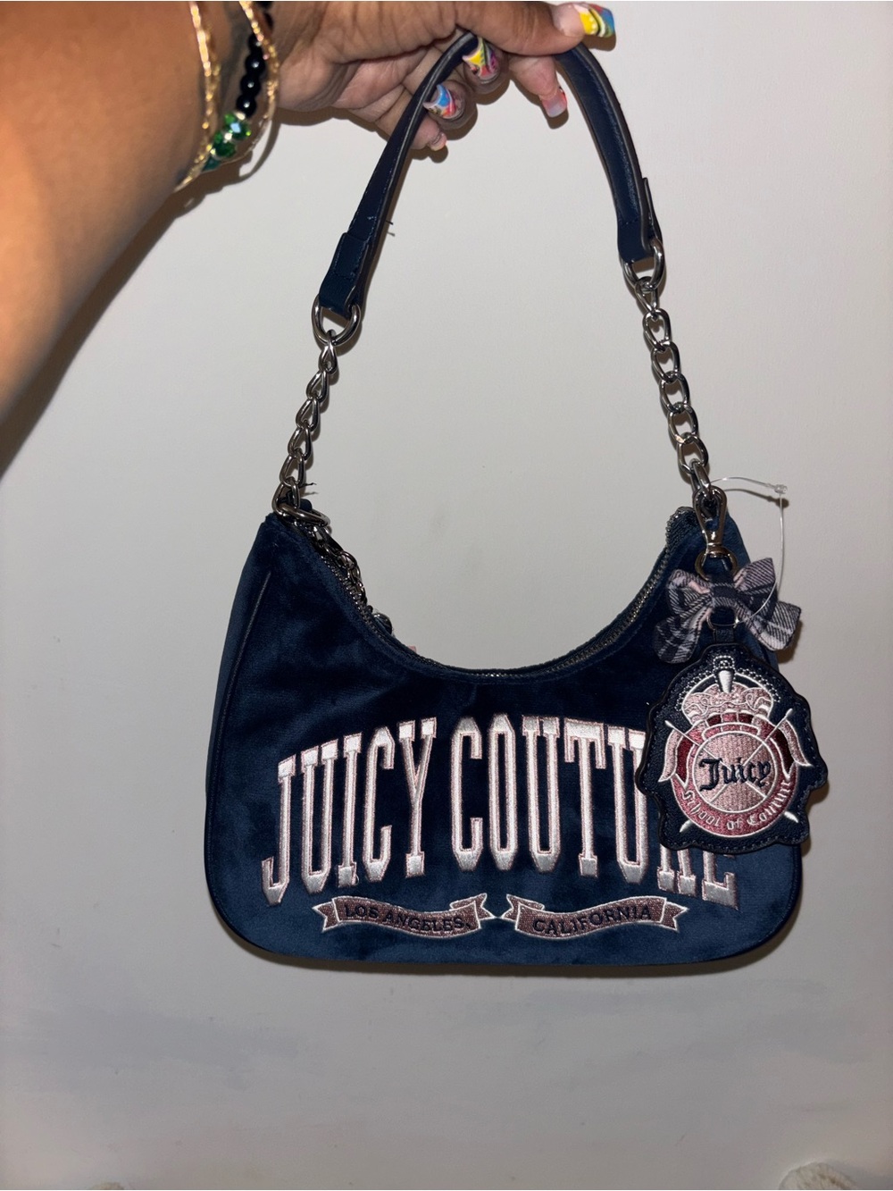 Juicy Couture Navy Shoulder Bag with Crest Charm and Plaid Bow